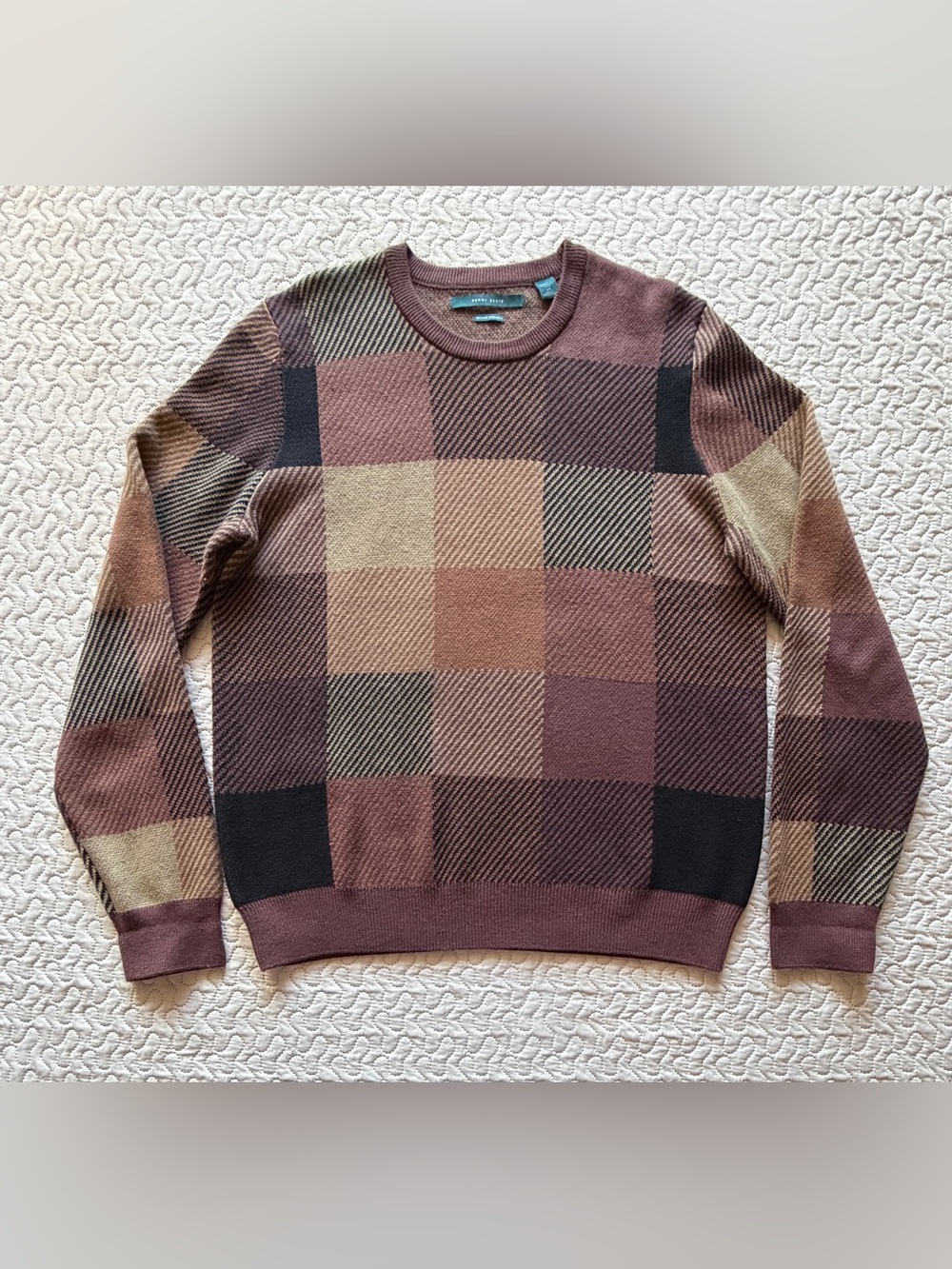 Perry Ellis Men’s L Plaid Check Crewneck Sweater Brown Multicolor Cotton Blend